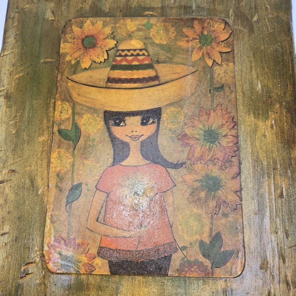 Vintage Big Eye Girl Wood Plaque‎ 1970s MCM Wall Art Sunflower Sombrero Kitsch